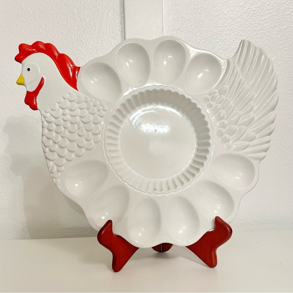 Vintage 13” Rooster Deviled Egg Chicken Ceramic Platter Portugal Teleflora Tray